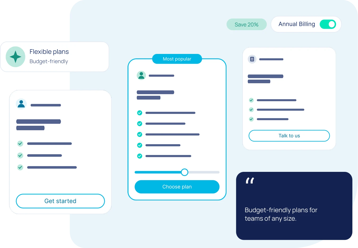 Pricing plan builder with Flexible plans, Annual Billing (Save 20%) and a note that plans suit teams of any size