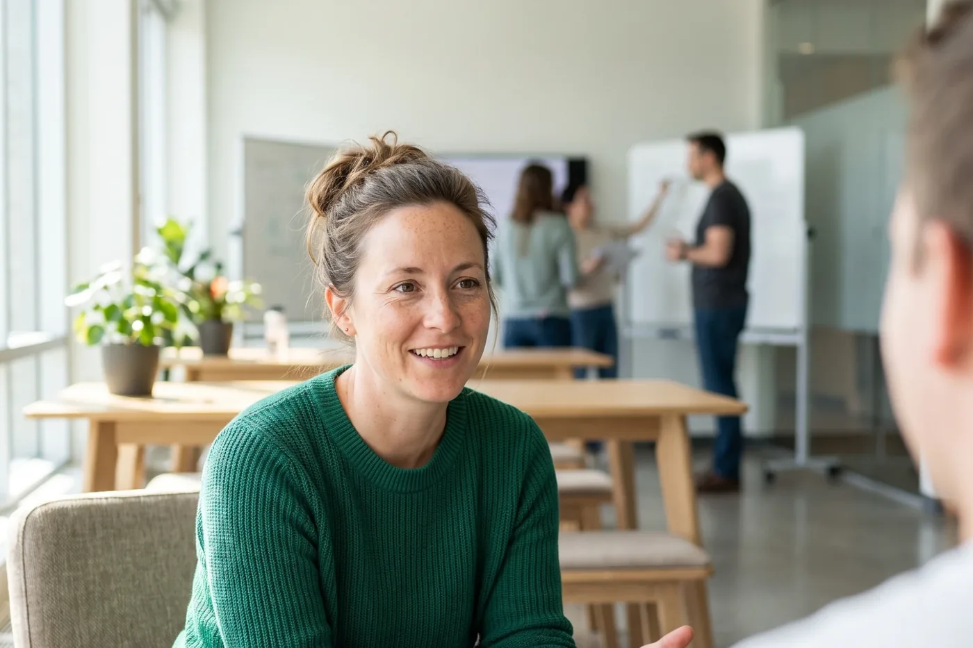 A researcher smiling during a team workshop, colleagues at a whiteboard behind her